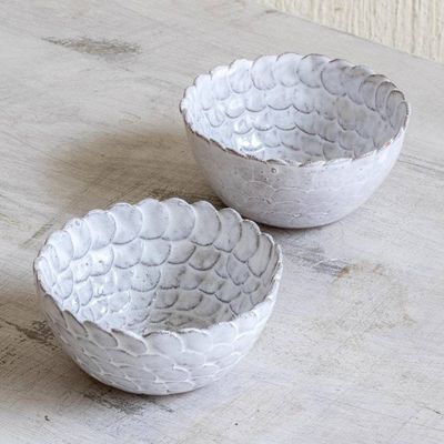 Primary image for Hand Crafted Small White Ceramic Bowls Pair White Scales