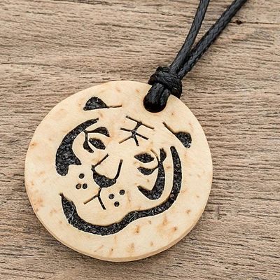 Alternate image for Coconut Shell and Lava Stone Tiger Pendant Necklace Tiger Face