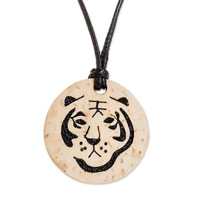 Alternate image for Coconut Shell and Lava Stone Tiger Pendant Necklace Tiger Face