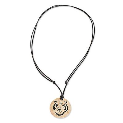 Alternate image for Coconut Shell and Lava Stone Tiger Pendant Necklace Tiger Face