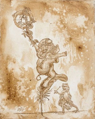 Alternate image for Signed Stretched Mixed Media Painting of an Oneiric Scene Dance of the Problems