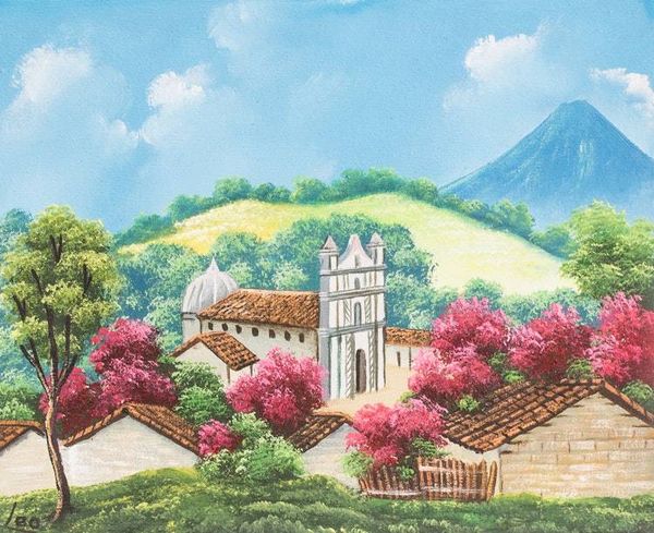 Alternate image for Impressionist Oil Painting of Church Nature in Guatemala Church in Zunil