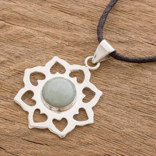 Alternate image for Handmade Green Jade and Silver Necklace with Cotton Cord Apple Blossom