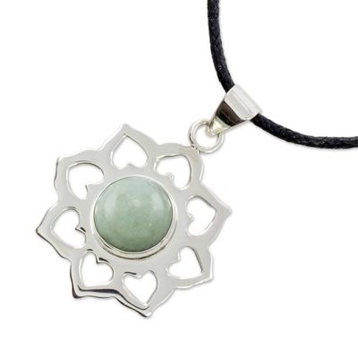 Alternate image for Handmade Green Jade and Silver Necklace with Cotton Cord Apple Blossom
