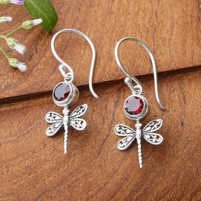 Primary image for Dragonfly-Themed Sterling Silver and Garnet Dangle Earrings Dragonfly of Love