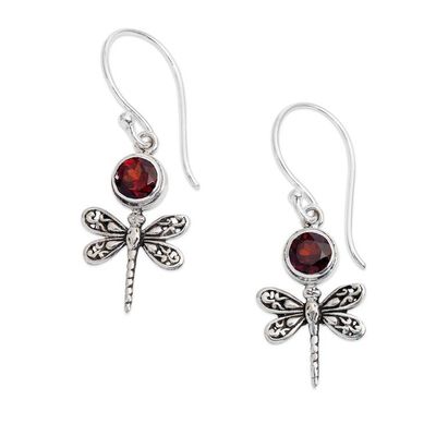 Alternate image for Dragonfly-Themed Sterling Silver and Garnet Dangle Earrings Dragonfly of Love