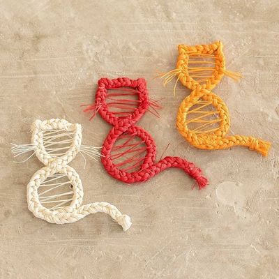 Alternate image for 3 Handmade Natural Fiber Cat Magnets in Red Orange and Ivory United Kitten