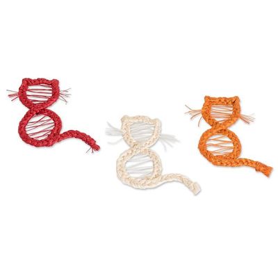 Alternate image for 3 Handmade Natural Fiber Cat Magnets in Red Orange and Ivory United Kitten