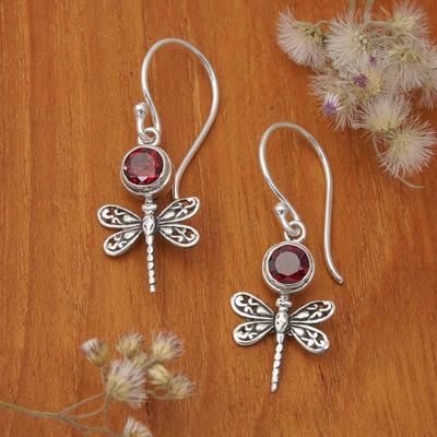 Alternate image for Dragonfly-Themed Sterling Silver and Garnet Dangle Earrings Dragonfly of Love
