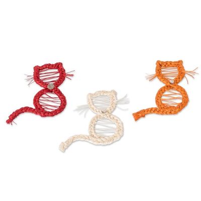 Alternate image for 3 Handmade Natural Fiber Cat Magnets in Red Orange and Ivory United Kitten