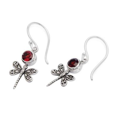 Alternate image for Dragonfly-Themed Sterling Silver and Garnet Dangle Earrings Dragonfly of Love