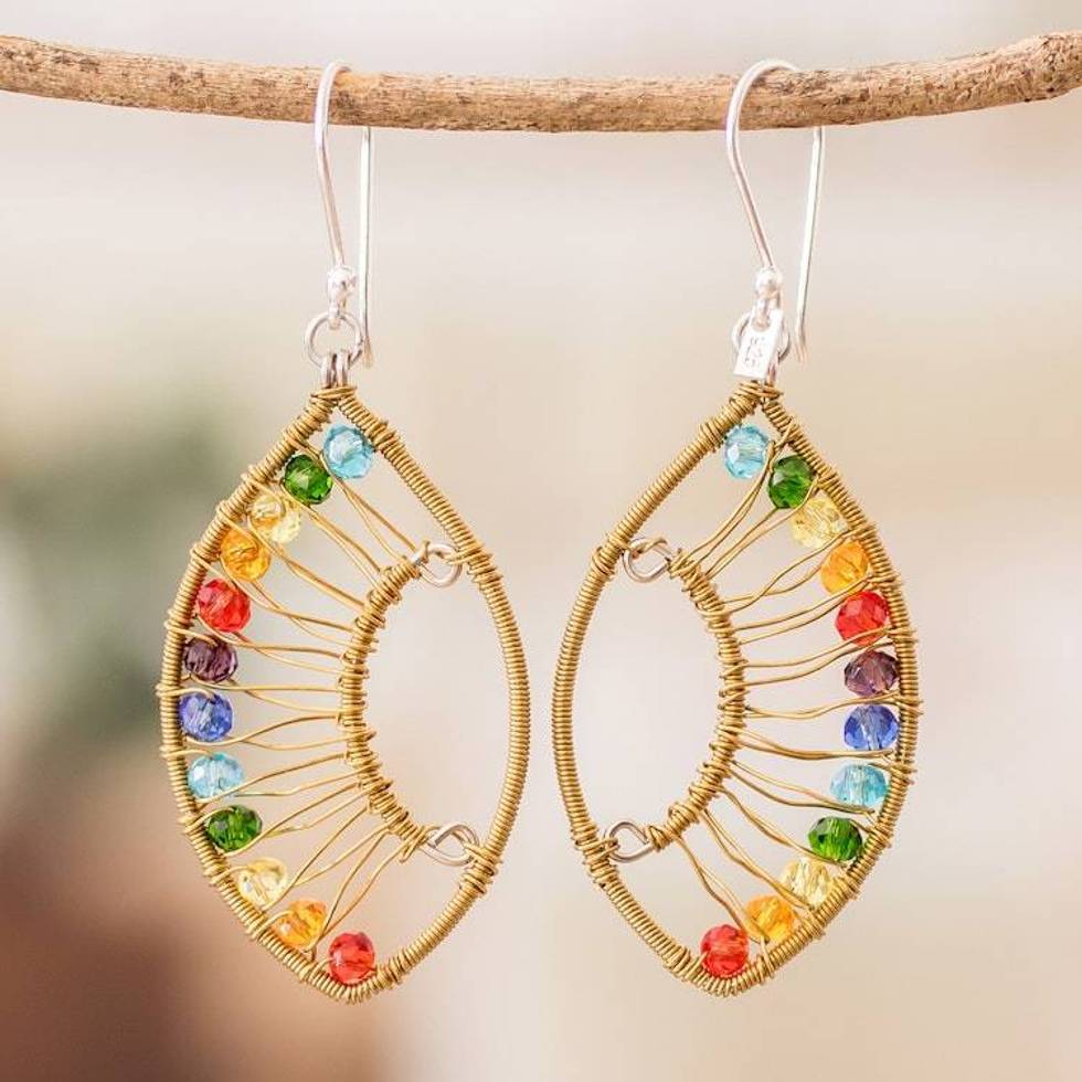 Handmade Multicolored Crystal Glass Beaded Dangle Earrings 'Colorful Crystal Eyes'