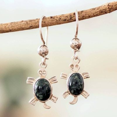 Alternate image for High-Polished Dark Green Jade Sea Turtle Dangle Earrings Dark Green Turtles