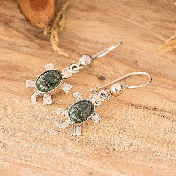 Alternate image for High-Polished Dark Green Jade Sea Turtle Dangle Earrings Dark Green Turtles