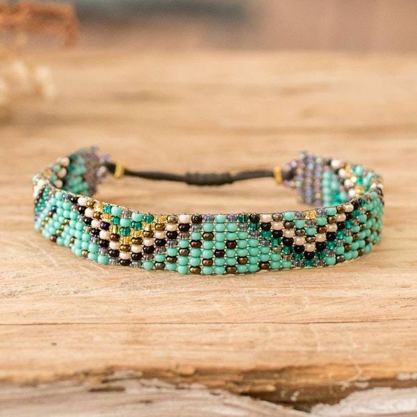 Alternate image for Turquoise and Golden Glass Beaded Wristband Bracelet Serene Atitlan