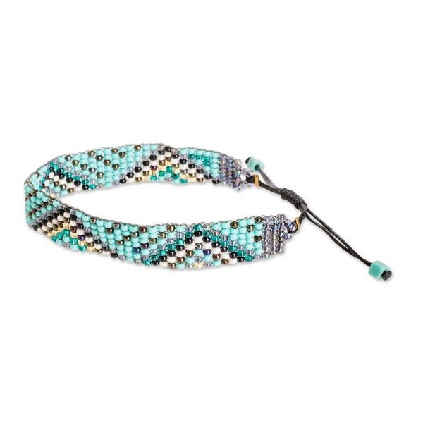 Alternate image for Turquoise and Golden Glass Beaded Wristband Bracelet Serene Atitlan