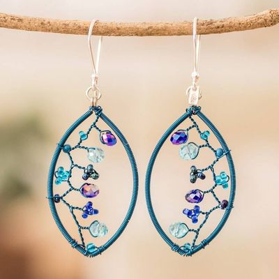 Alternate image for Blue Crystal and Glass Beaded Dangle Earrings with Hooks Blue Crystal Web