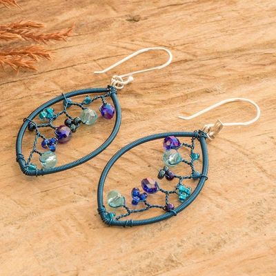 Alternate image for Blue Crystal and Glass Beaded Dangle Earrings with Hooks Blue Crystal Web