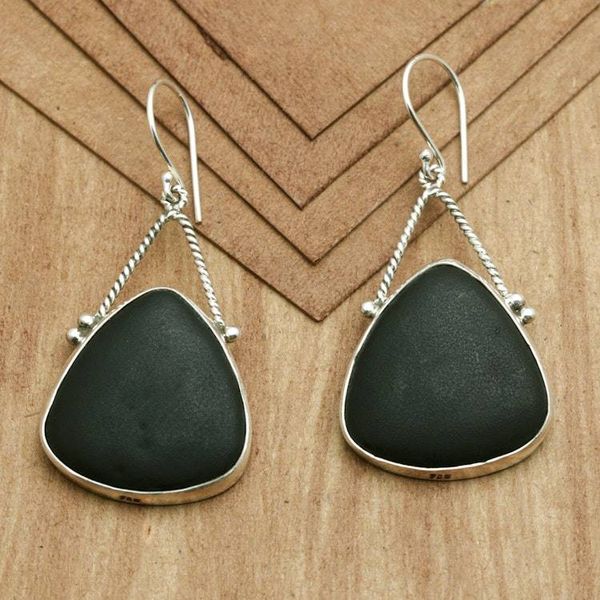 Alternate image for Sterling Silver Dangle Earrings with Lava Stone Made in Bali Swinging Night Dream