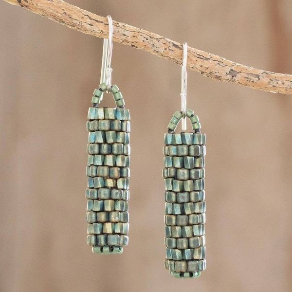 Alternate image for Gleaming Green Glass Beaded Dangle Earrings from El Salvador Shining Pillars