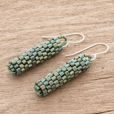Alternate image for Gleaming Green Glass Beaded Dangle Earrings from El Salvador Shining Pillars