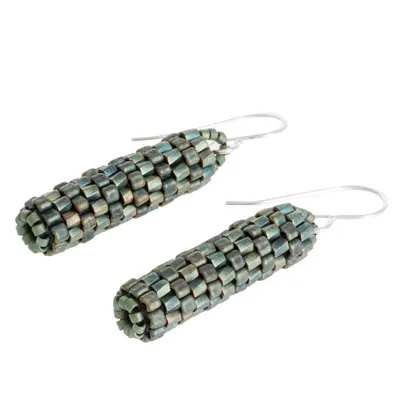 Alternate image for Gleaming Green Glass Beaded Dangle Earrings from El Salvador Shining Pillars