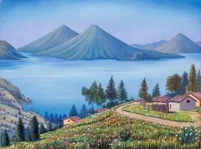 Alternate image for Lake Atitlan Realist Oil Landscape Painting from Guatemala Atitlan Lake