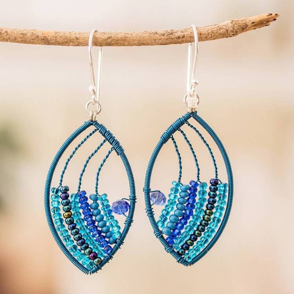 Crystal Glass Beaded Dangle Earrings Handmade in Guatemala 'Fashionable Blue'
