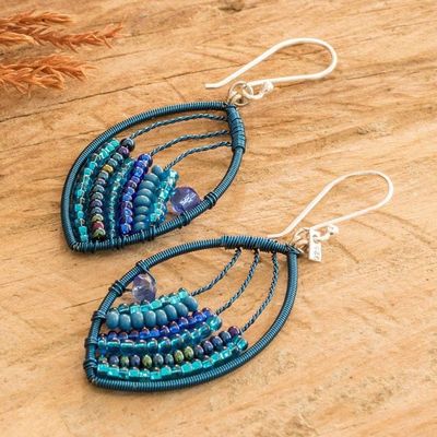 Alternate image for Crystal  Glass Beaded Dangle Earrings Handmade in Guatemala Fashionable Blue