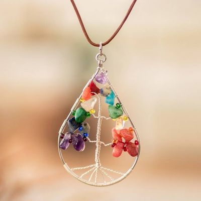Alternate image for Drop-Shaped Colorful Multi-Gemstone Tree Pendant Necklace Drop of Life in Rainbow