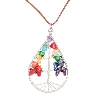 Alternate image for Drop-Shaped Colorful Multi-Gemstone Tree Pendant Necklace Drop of Life in Rainbow