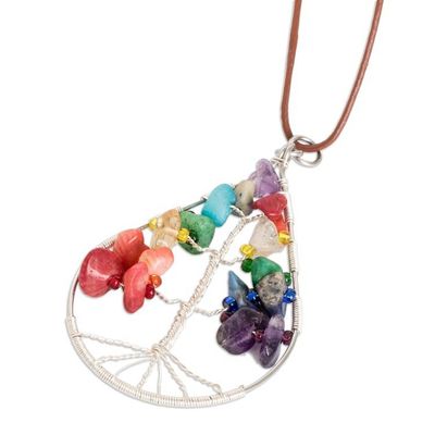 Alternate image for Drop-Shaped Colorful Multi-Gemstone Tree Pendant Necklace Drop of Life in Rainbow