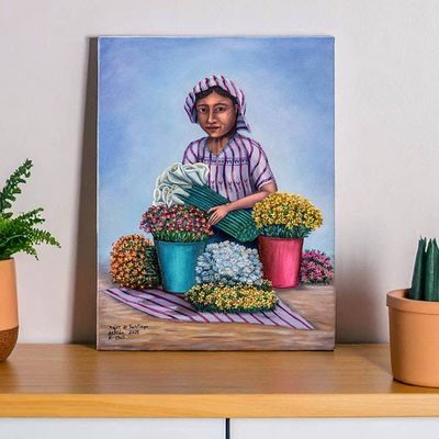 Primary image for Realist Oil Portrait of Female Flower Vendor from Guatemala Woman from Santiago Atitlan