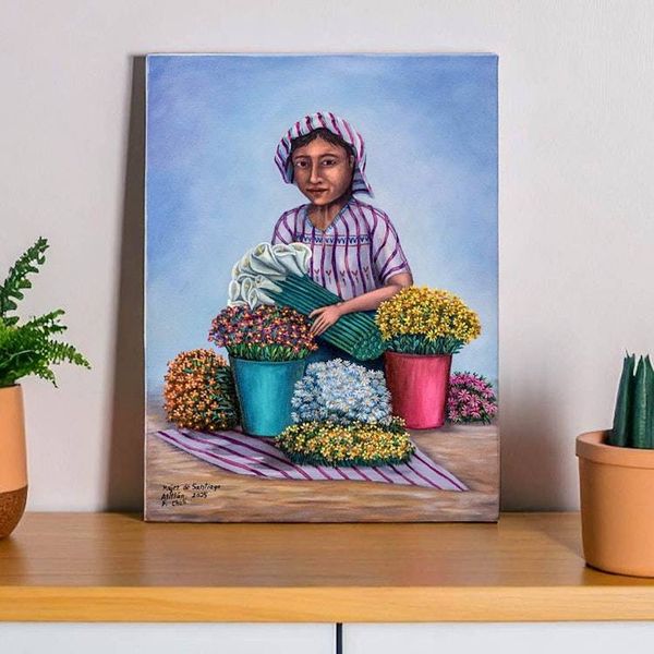 Alternate image for Realist Oil Portrait of Female Flower Vendor from Guatemala Woman from Santiago Atitlan