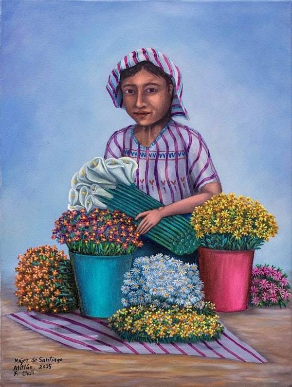 Alternate image for Realist Oil Portrait of Female Flower Vendor from Guatemala Woman from Santiago Atitlan