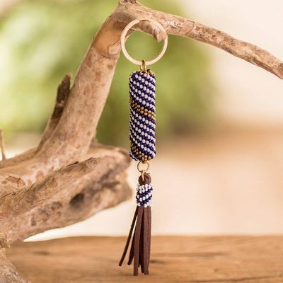 Alternate image for Beaded Leather Keychain and Bag Charm Handmade in Guatemala Tranquil Ocean