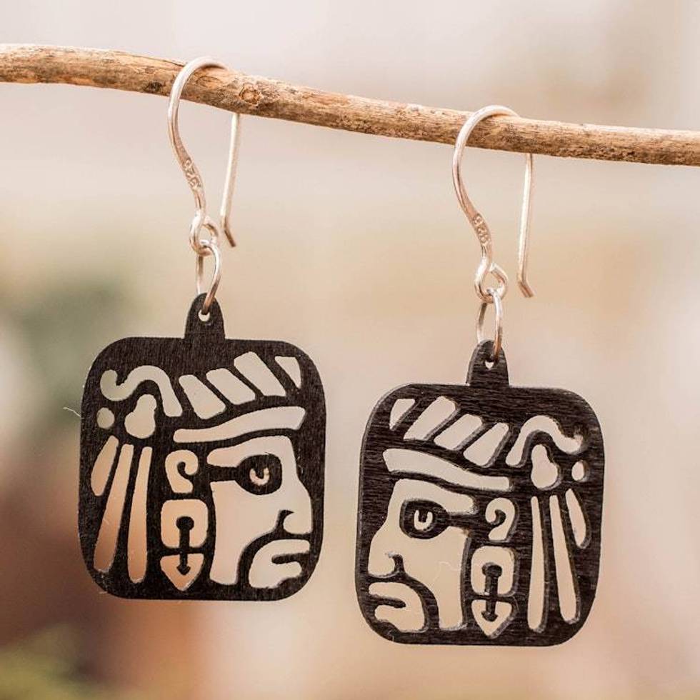 Maya-Themed Eco-Friendly Reclaimed Wood Carved Earrings 'Mayan Essence'