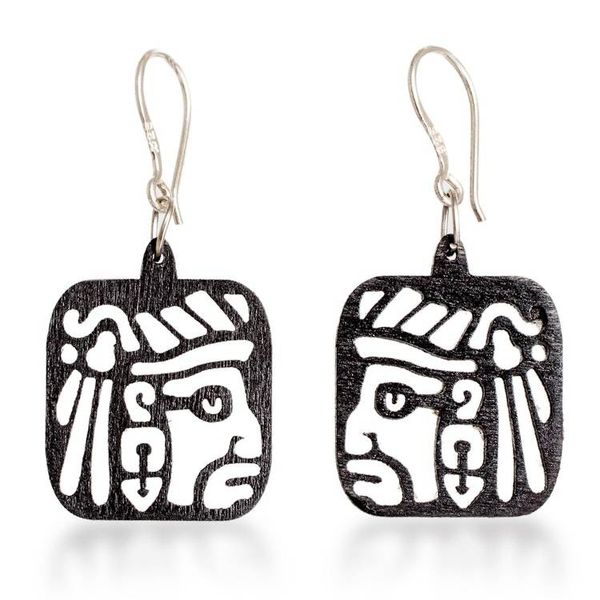 Alternate image for Maya-Themed Eco-Friendly Reclaimed Wood Carved Earrings Mayan Essence