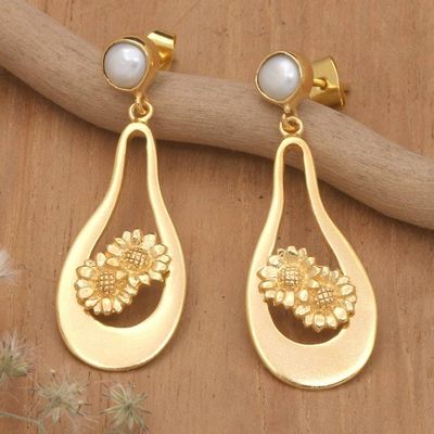 Primary image for 18k Gold-Plated Floral Grey Cultured Pearl Dangle Earrings Together in Spring
