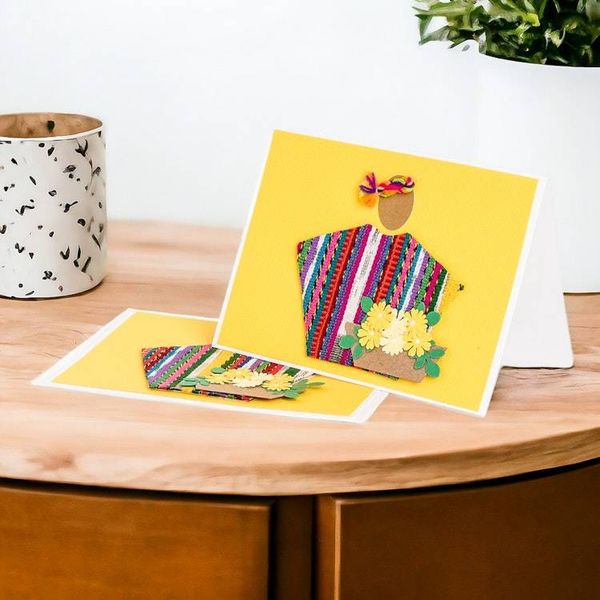 Alternate image for 2 Yellow Greeting Cards with Guatemalan Woven Cotton Accents Floral Greeting