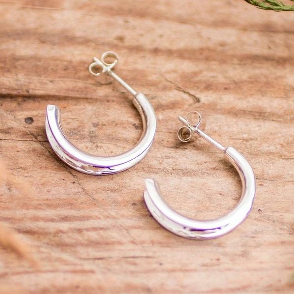Alternate image for Modern Silver Half-Hoop Earrings with Polished Finish Perpetual Elegance