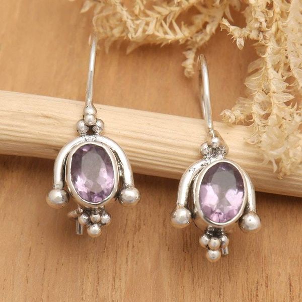 Alternate image for Classic Sterling Silver Drop Earrings with Amethyst Gems Wise Madam
