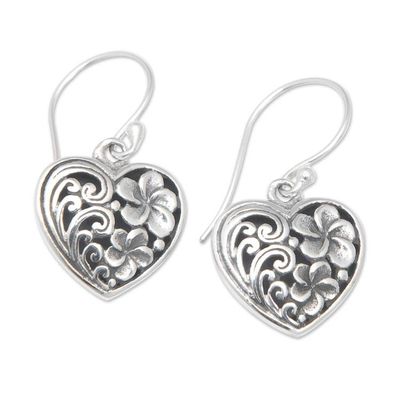 Primary image for Sterling Silver Heart Dangle Earrings with Frangipani Motifs Heart of Frangipani