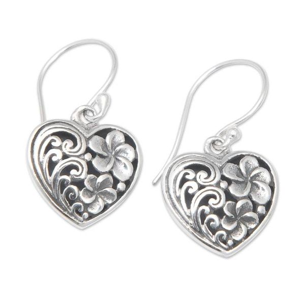 Alternate image for Sterling Silver Heart Dangle Earrings with Frangipani Motifs Heart of Frangipani