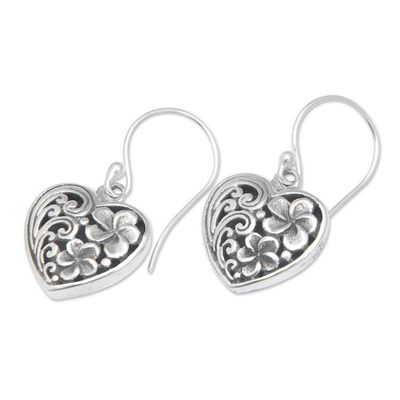 Alternate image for Sterling Silver Heart Dangle Earrings with Frangipani Motifs Heart of Frangipani