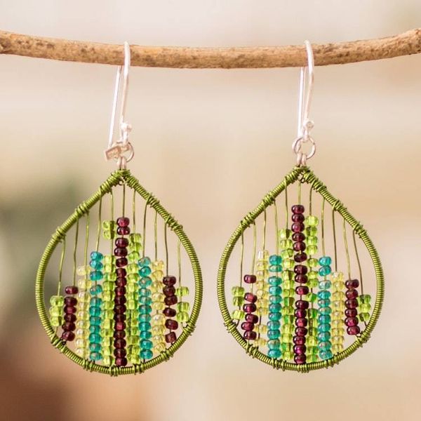Alternate image for Glass Beaded Dangle Earrings in Green and Purple Nature Contrasts