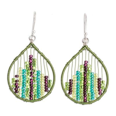 Alternate image for Glass Beaded Dangle Earrings in Green and Purple Nature Contrasts