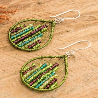 Alternate image for Glass Beaded Dangle Earrings in Green and Purple Nature Contrasts