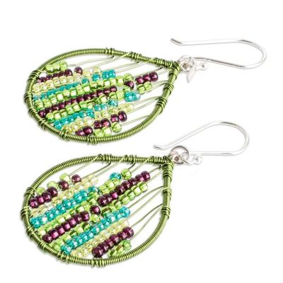 Alternate image for Glass Beaded Dangle Earrings in Green and Purple Nature Contrasts