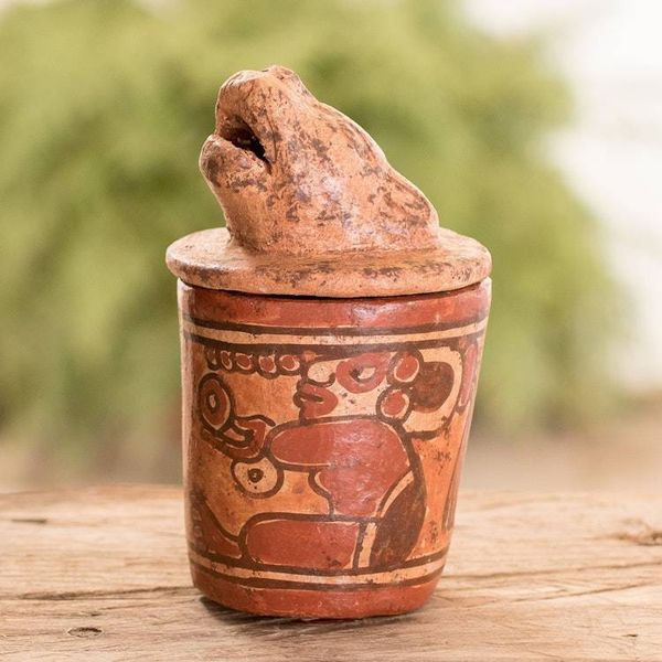 Alternate image for Handcrafted Antiqued Ceramic Jar Maya Art Pibil Jaguar